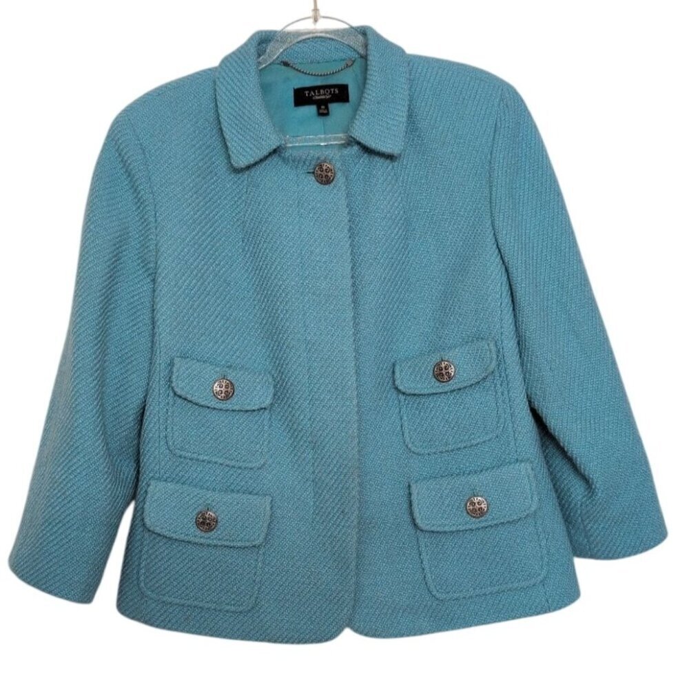 Talbots Textured Blazer Womens Size 10 Turquoise Blue Wool Blend Business Casual